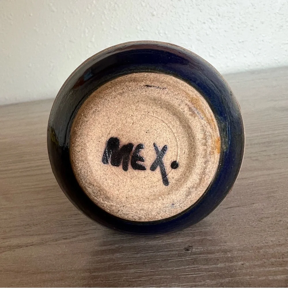Mexico Clay Mini Vase Mexican Hand Painted Blue Tear Drop Design 3 7/8”H